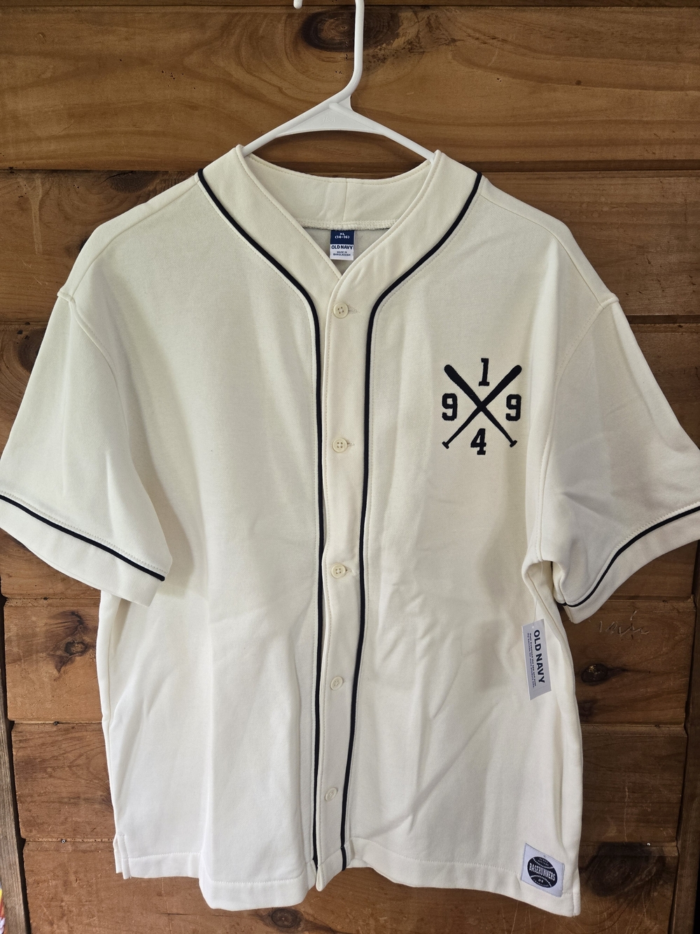 Old Navy Cream Baseball-Style Button Front Shirt with Navy Trim